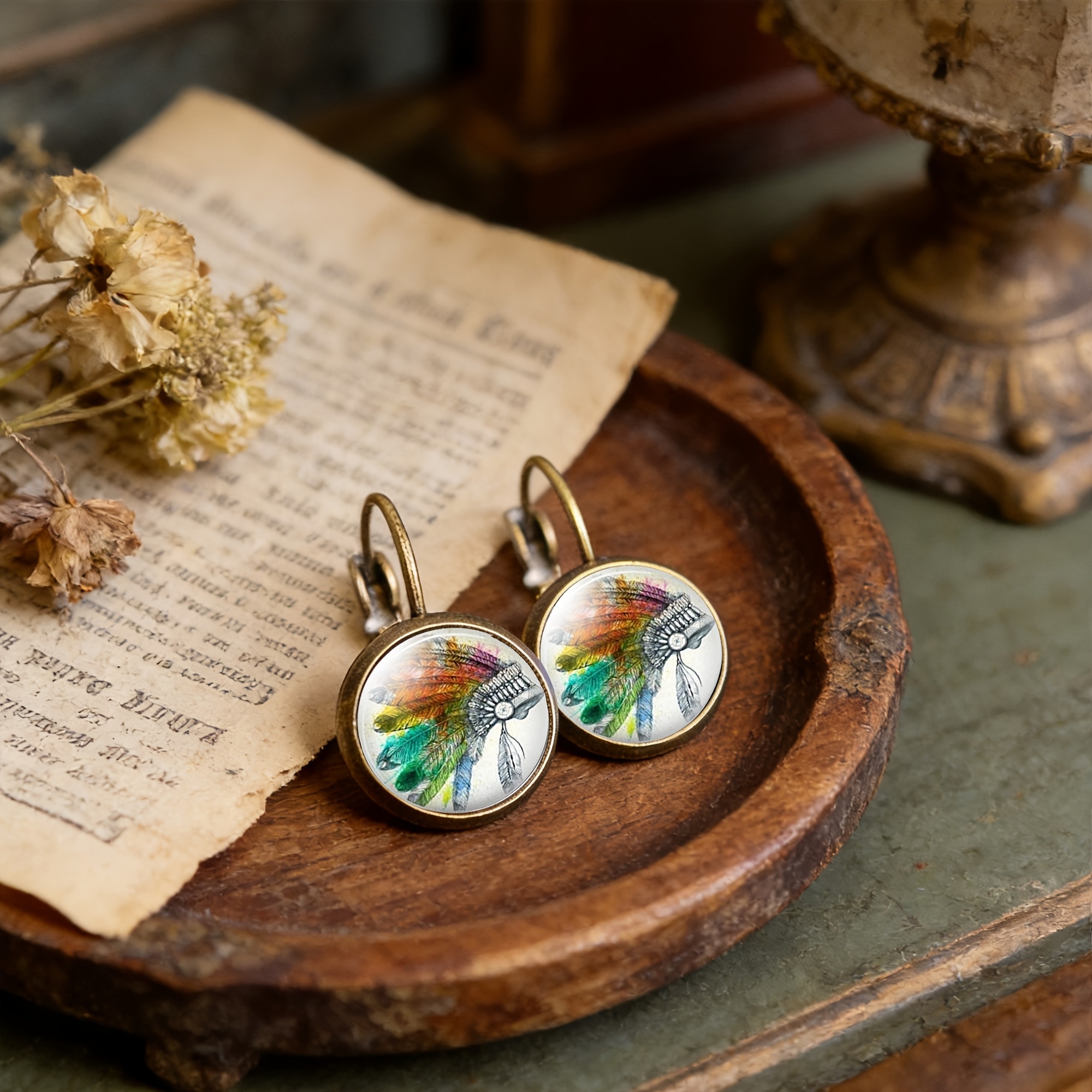 2pcs Cyan Round Classical Earrings Set with Colorful Pattern